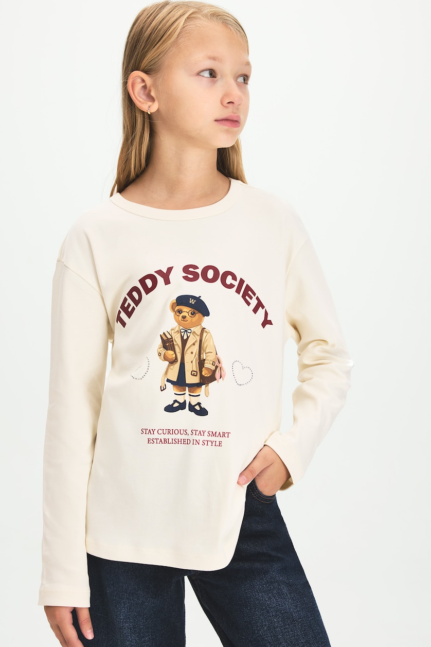 GIRLS & TEENS Ecru Girl 100% Cotton Teddy Bear Print Crew Neck Long Sleeve T-Shirt