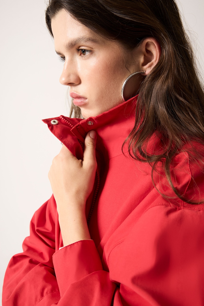 WOMAN Red Regular Fit Bengaline Bomber Jacket with High Neck