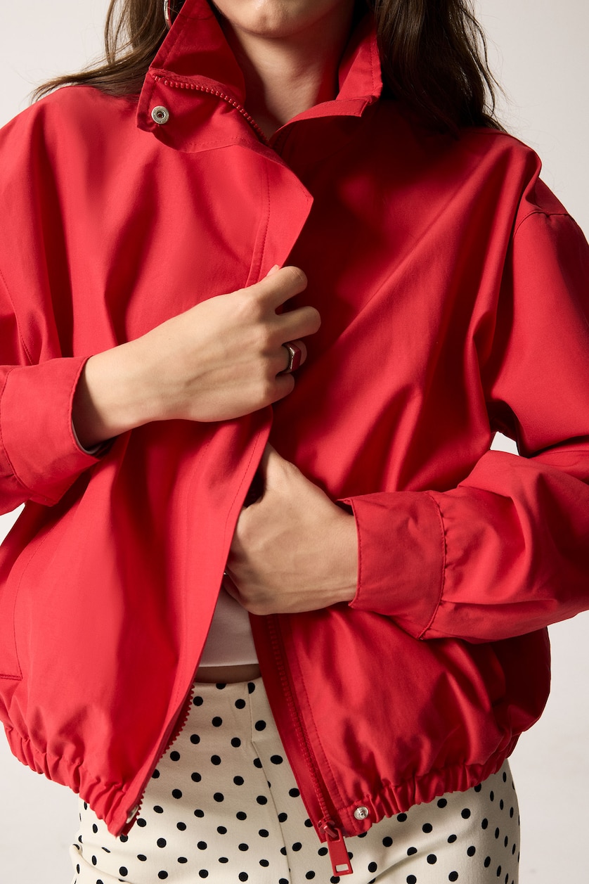 WOMAN Red Regular Fit Bengaline Bomber Jacket with High Neck