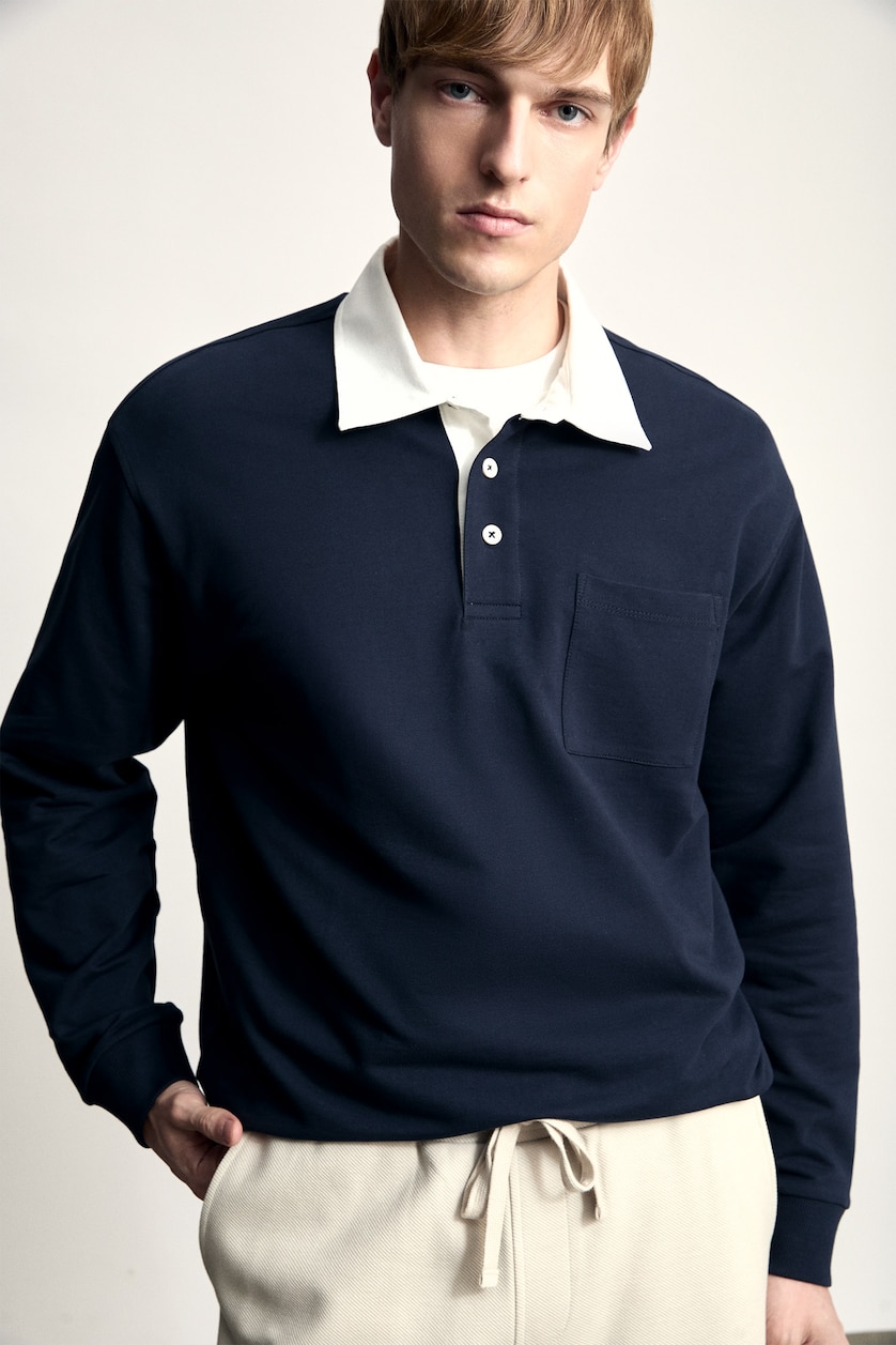 Erkek Lacivert Relaxed Fit Kontrast Polo Yaka Sweatshirt