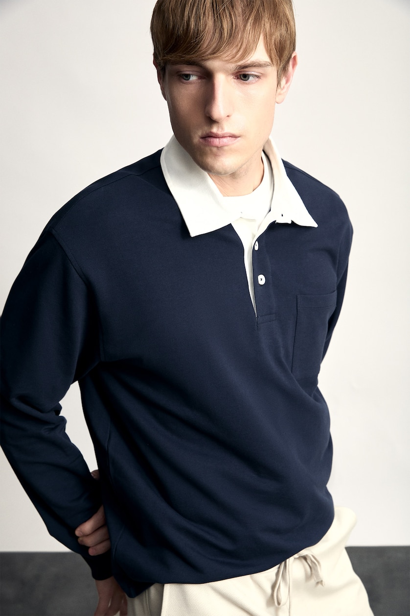 Erkek Lacivert Relaxed Fit Kontrast Polo Yaka Sweatshirt
