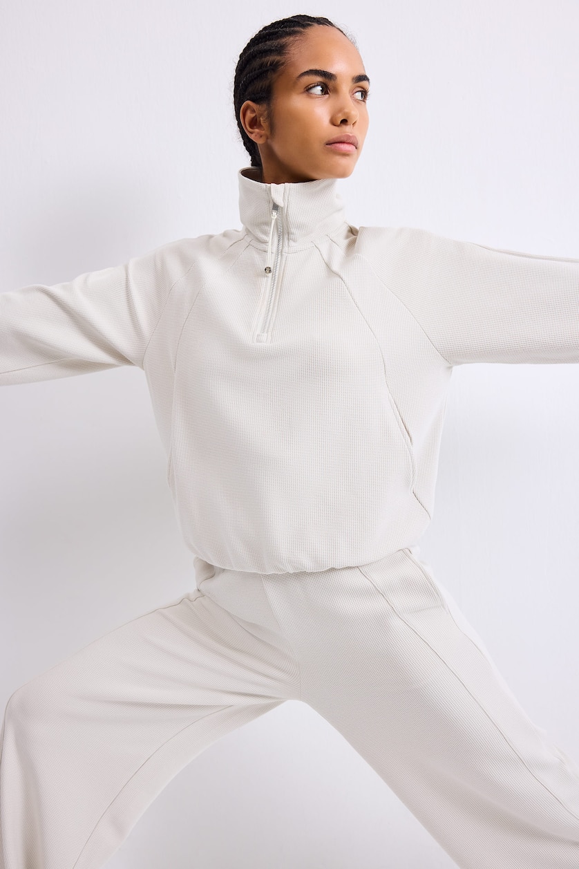 Kadın Taş Yarım Fermuarlı Waffle Dik Yaka Basic Sweatshirt