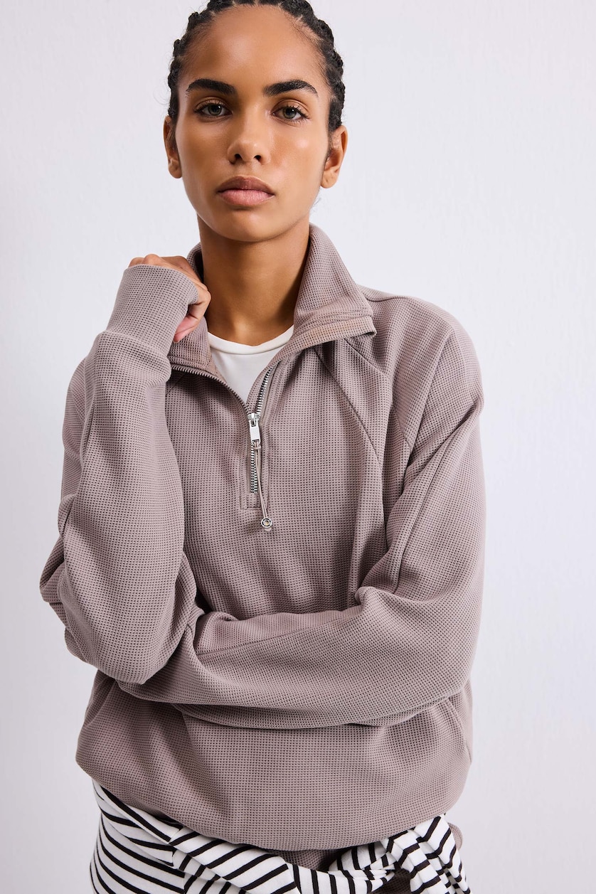 Kadın Vizon Yarım Fermuarlı Waffle Dik Yaka Basic Sweatshirt