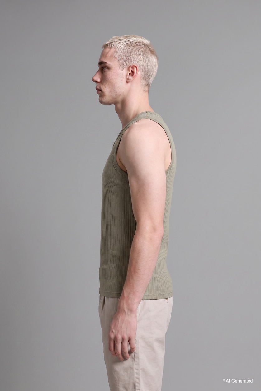 Men Khaki Regular Fit Embroidered Ribbed Top