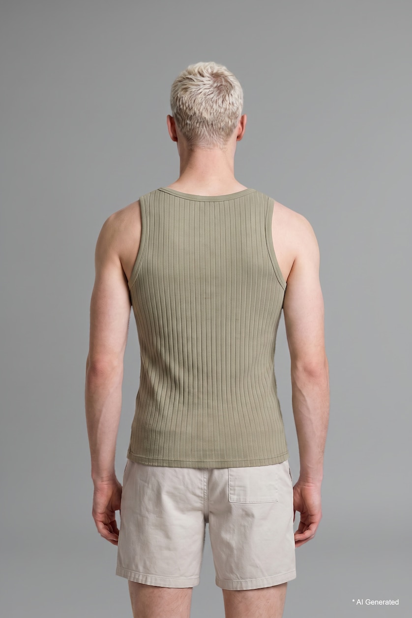 Men Khaki Regular Fit Embroidered Ribbed Top