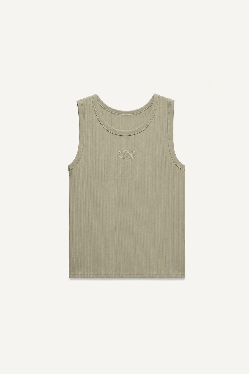 Men Khaki Regular Fit Embroidered Ribbed Top
