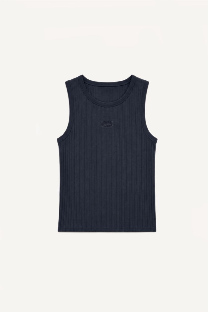 Men NAVY Regular Fit Embroidered Camisole Crew Neck Short Sleeve Tank Top