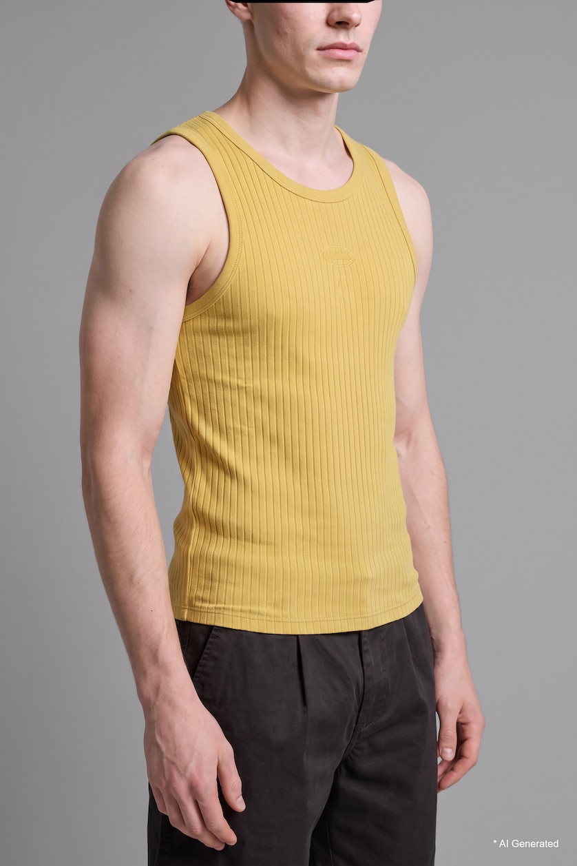 Men Light Yellow Regular Fit Embroidered Crew Neck Ribbed Tank Top