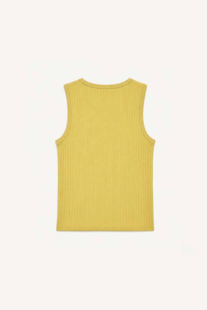 Man Light Yellow Regular Fit Embroidered Camisole Crew Neck Short Sleeve Tank Top