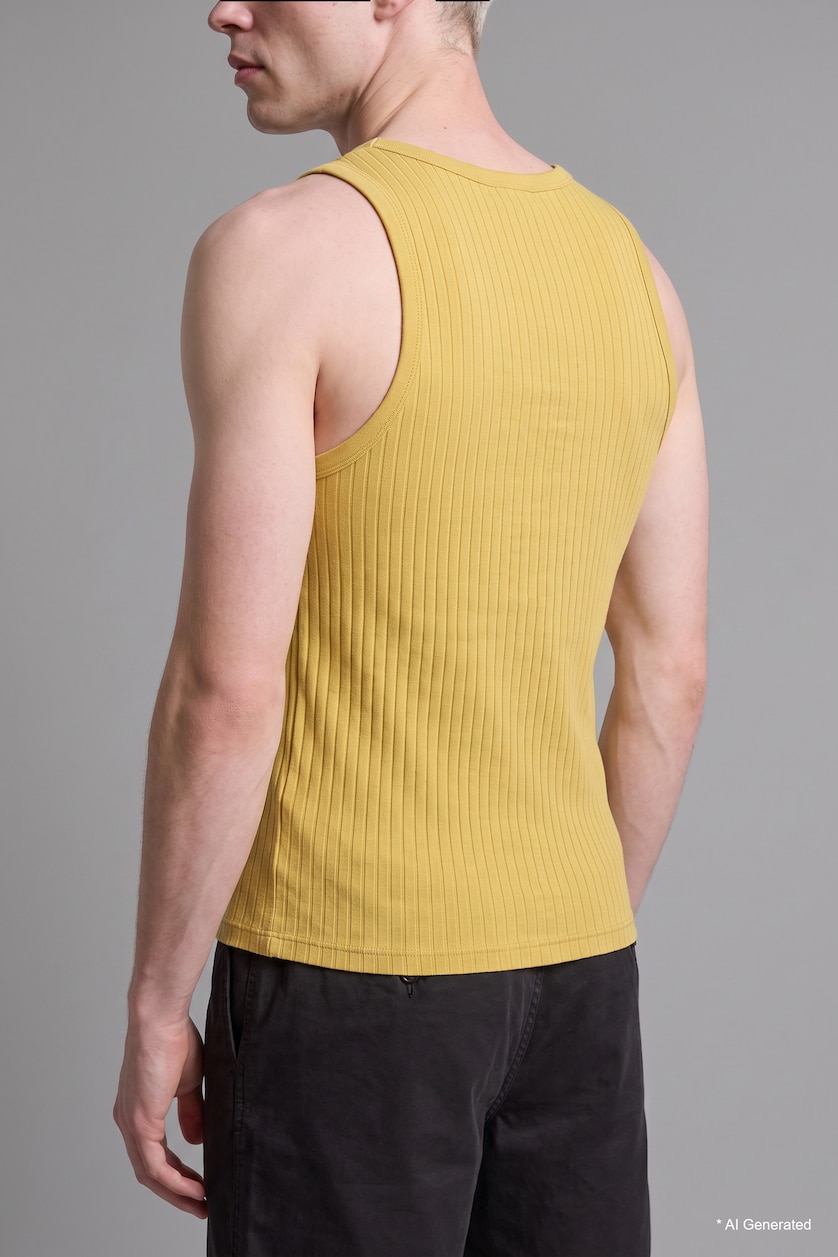Men Light Yellow Regular Fit Embroidered Crew Neck Ribbed Tank Top