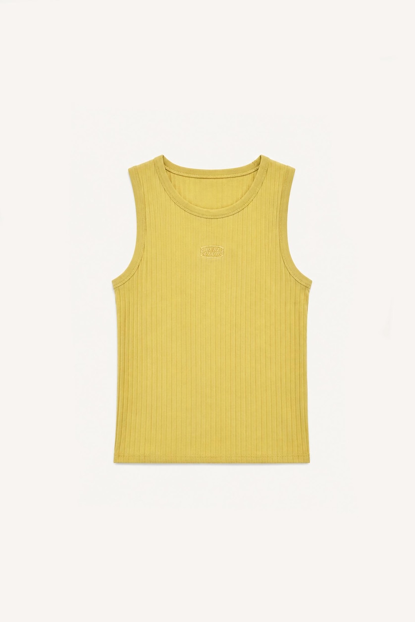 Men Light Yellow Regular Fit Embroidered Crew Neck Ribbed Tank Top