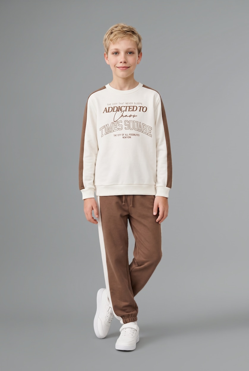 Young Boys - Teen Boys Light Brown 2 piece Oversize Fit Crew Neck Slogan Set