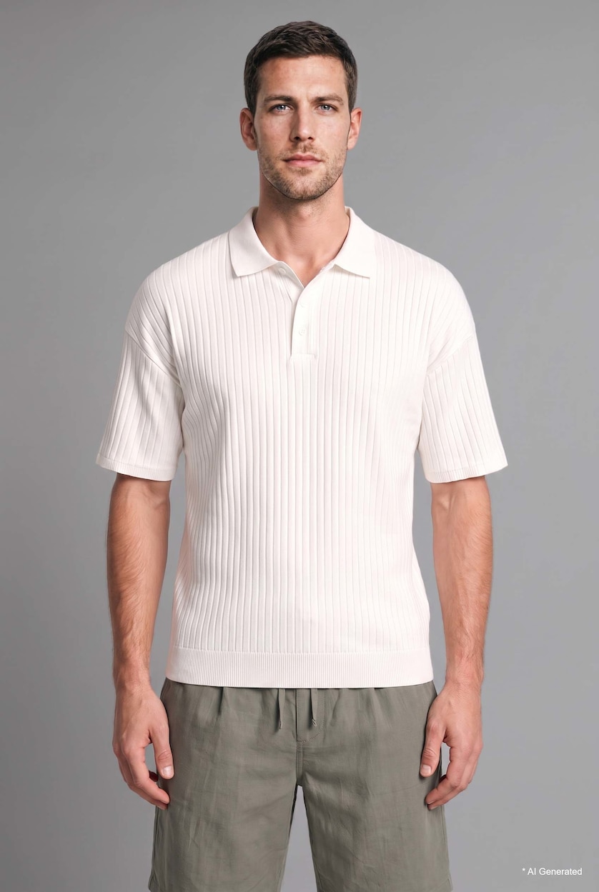 MAN Ecru Boxy Fit Ribbed Buttoned Polo Collar Short Sleeve T-Shirt