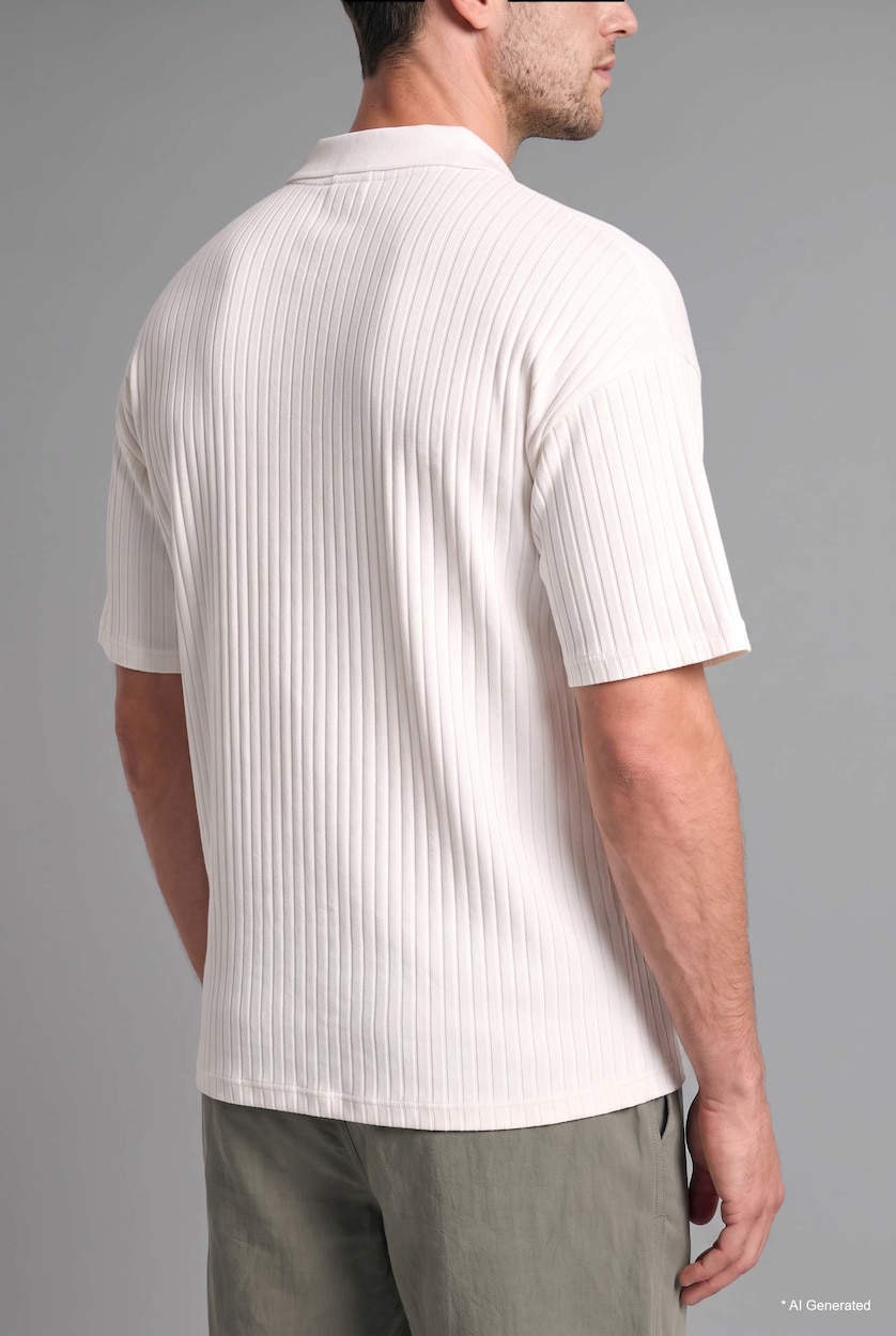 MAN Ecru Boxy Fit Ribbed Buttoned Polo Collar Short Sleeve T-Shirt