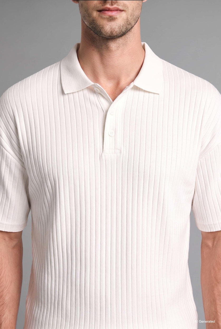 MAN Ecru Boxy Fit Ribbed Buttoned Polo Collar Short Sleeve T-Shirt