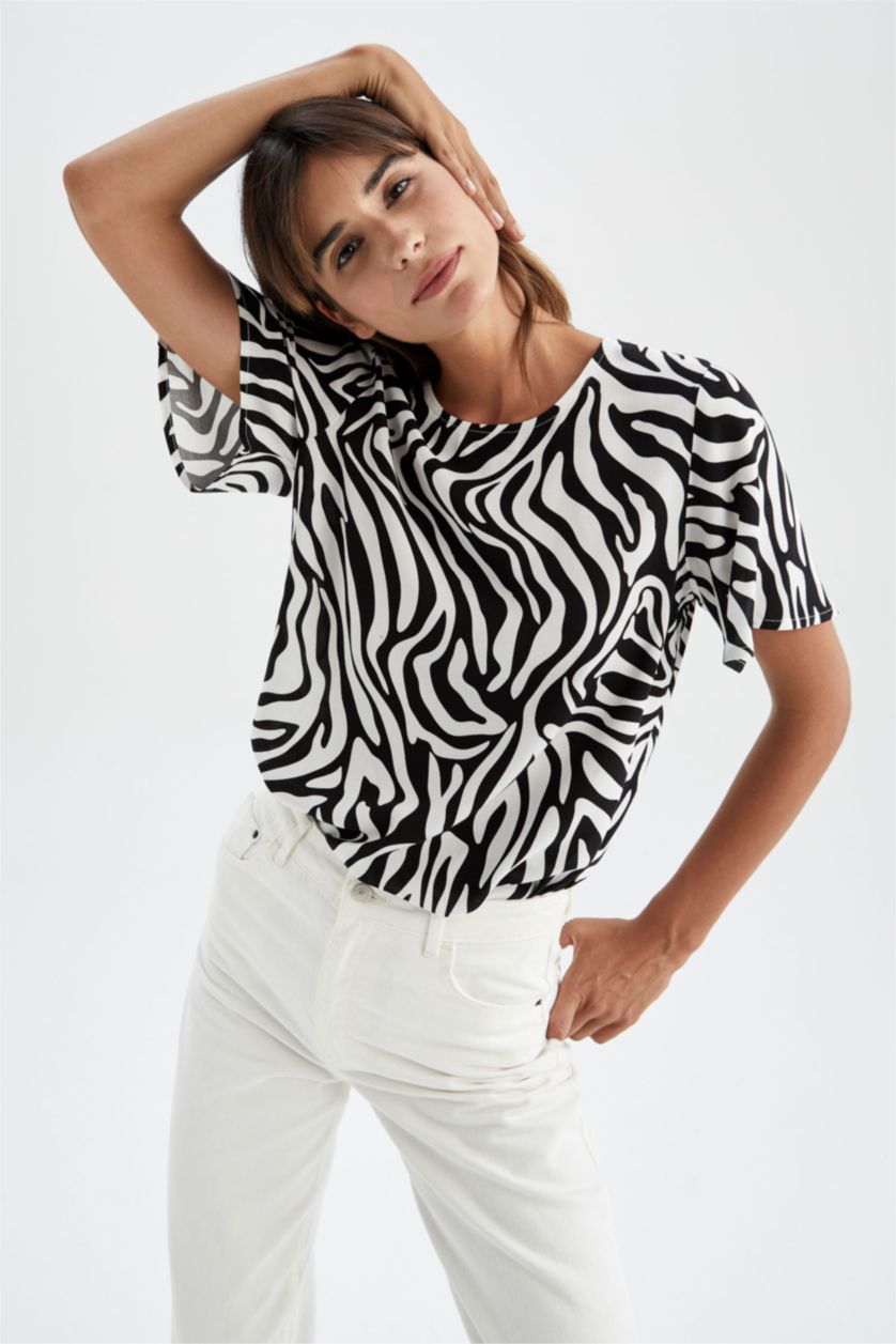 FEMME Noir Chemisier à manches courtes à motif zébré coupe classique