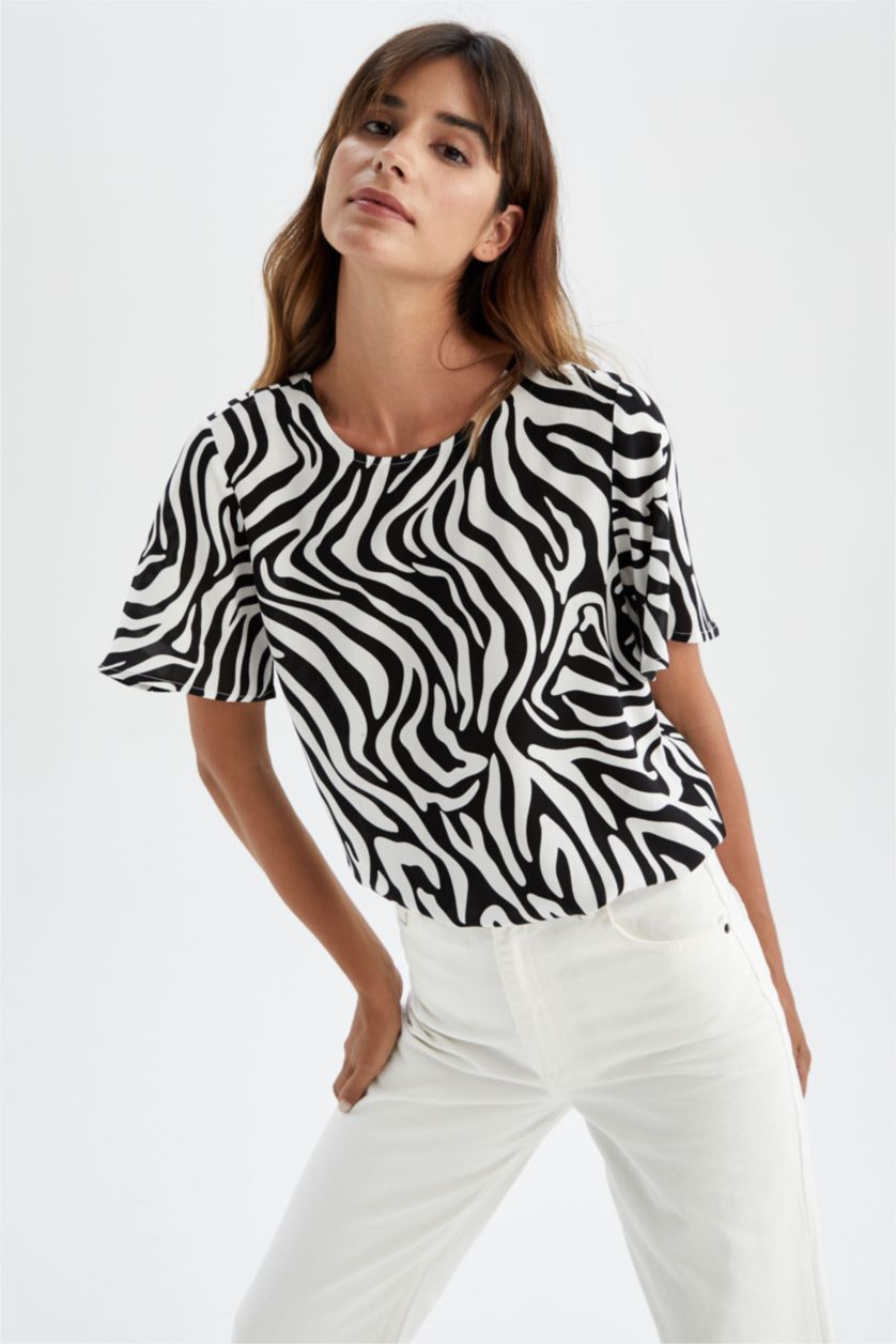 FEMME Noir Chemisier à manches courtes à motif zébré coupe classique