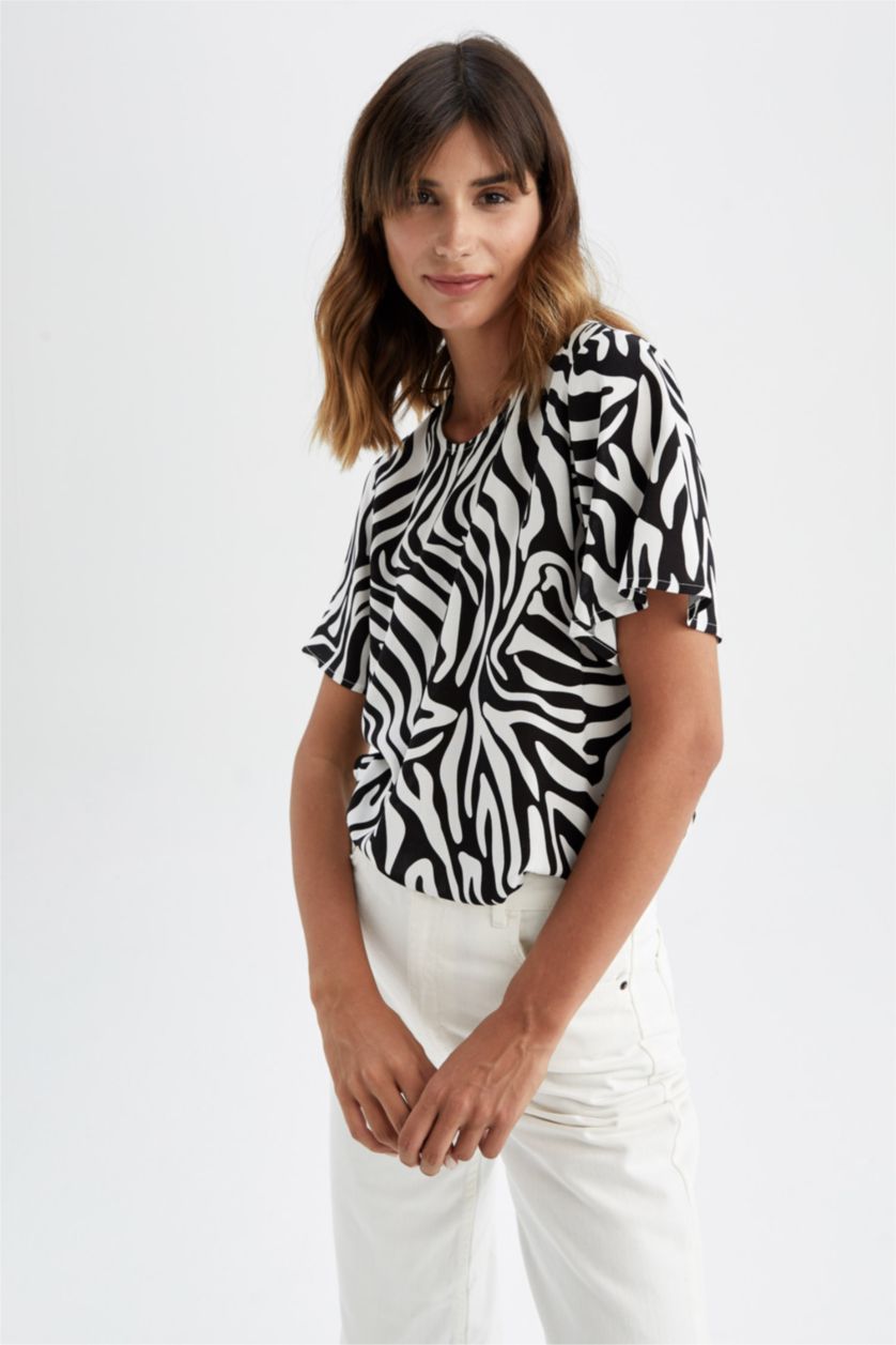 FEMME Noir Chemisier à manches courtes à motif zébré coupe classique