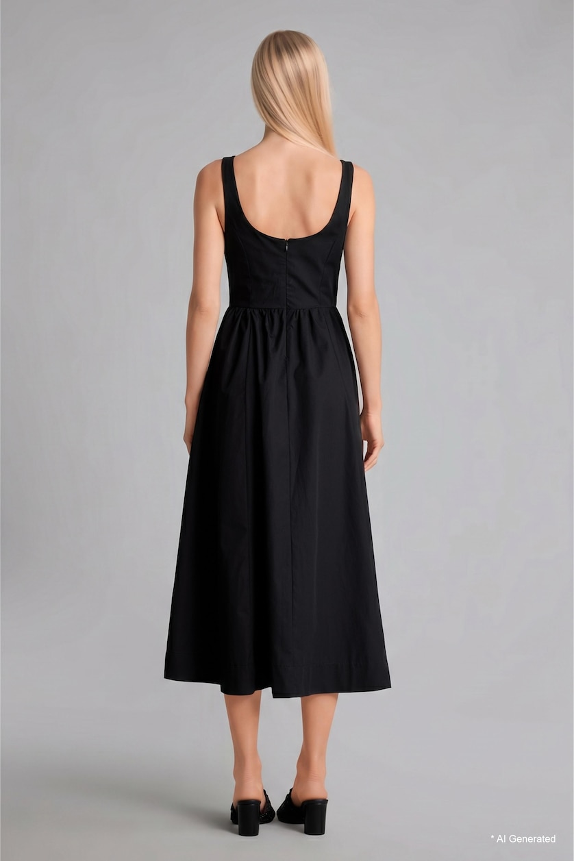 Women Black 100% Cotton Square Neck Poplin Strappy Midi Black Dress