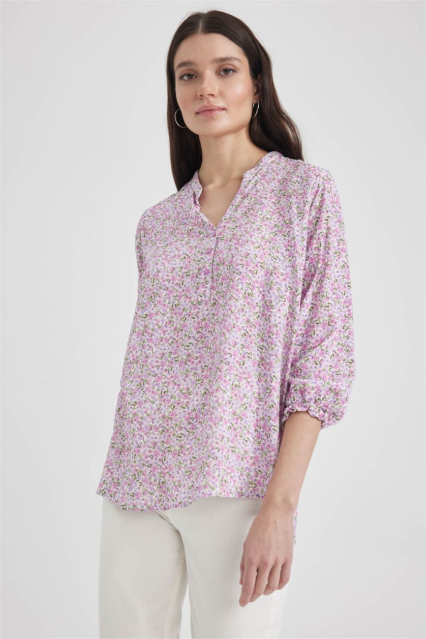 نساء أرجواني فاتح قميص كم طويل قصة عادية بياقة مستديرة