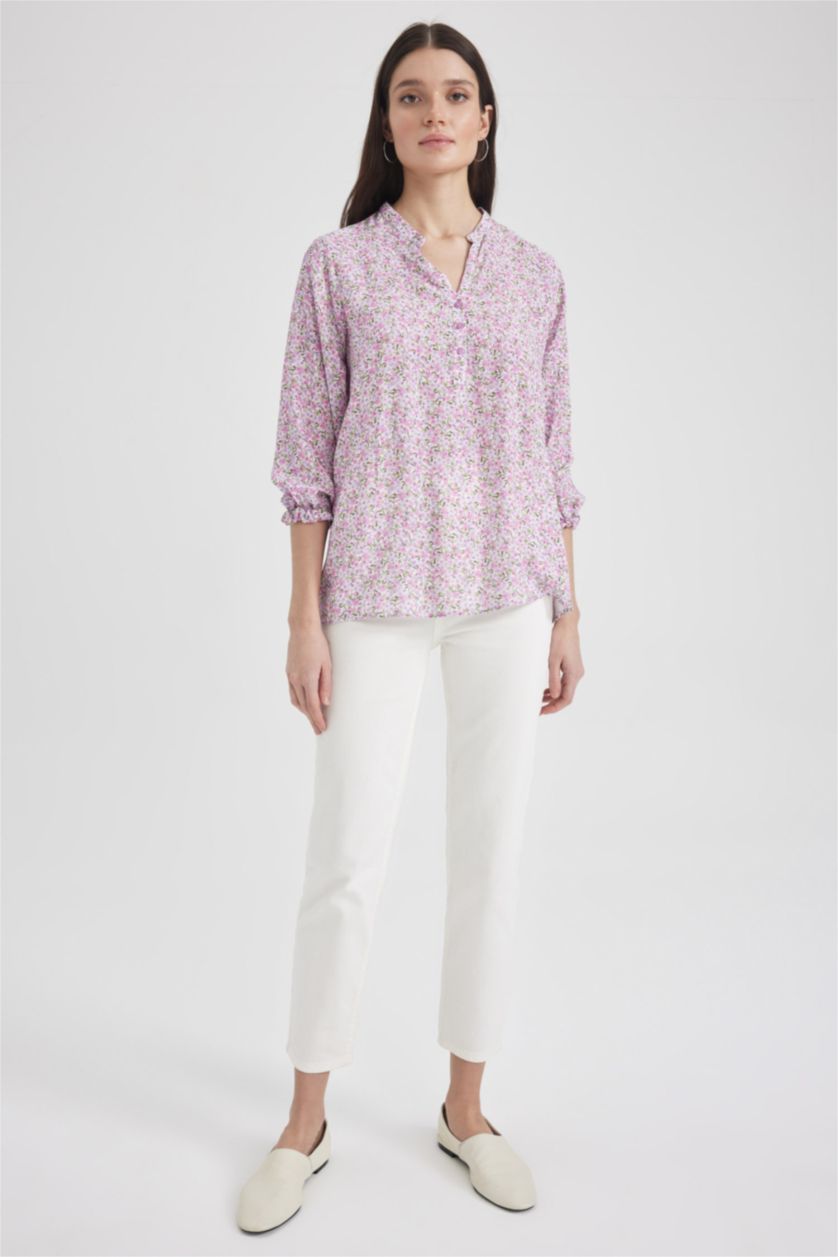 نساء أرجواني فاتح قميص كم طويل قصة عادية بياقة مستديرة