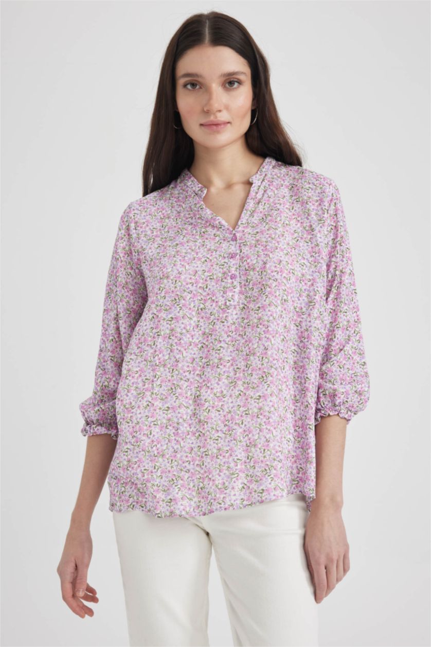 نساء أرجواني فاتح قميص كم طويل قصة عادية بياقة مستديرة