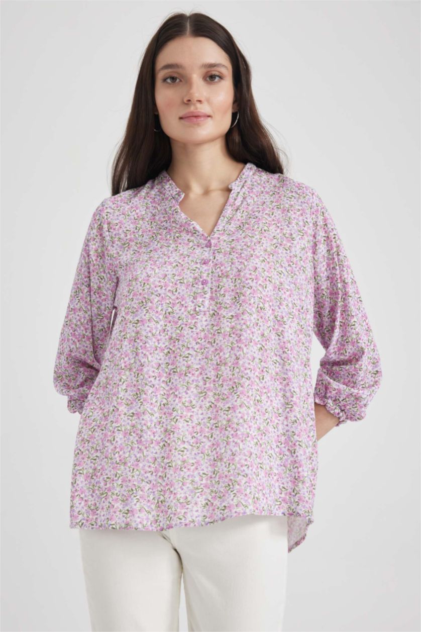 نساء أرجواني فاتح قميص كم طويل قصة عادية بياقة مستديرة