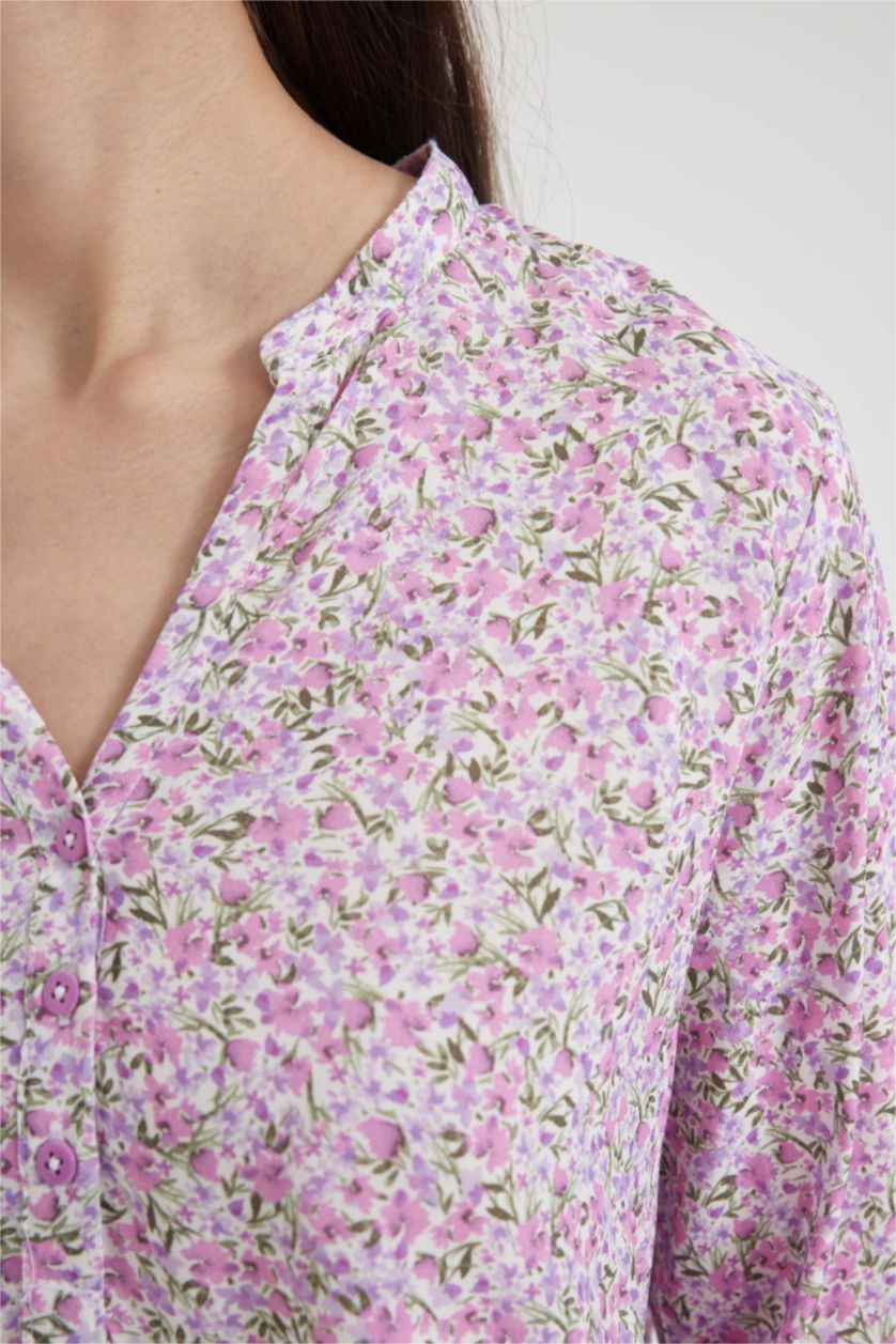 نساء أرجواني فاتح قميص كم طويل قصة عادية بياقة مستديرة