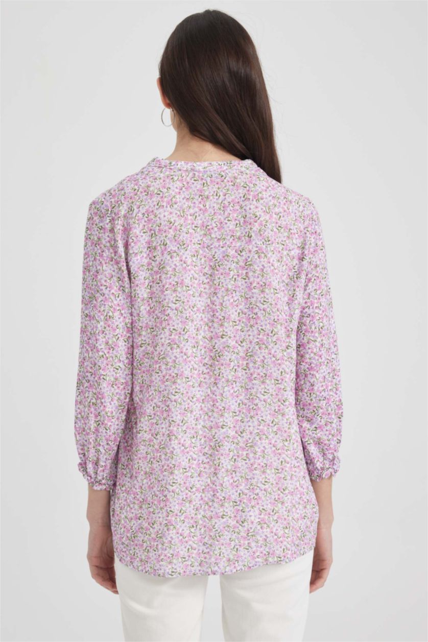 نساء أرجواني فاتح قميص كم طويل قصة عادية بياقة مستديرة