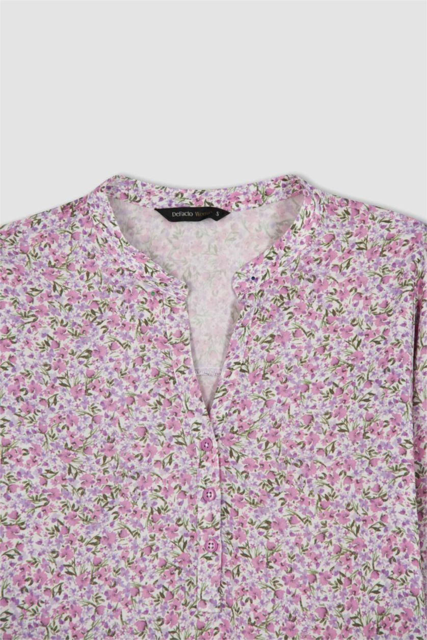 نساء أرجواني فاتح قميص كم طويل قصة عادية بياقة مستديرة