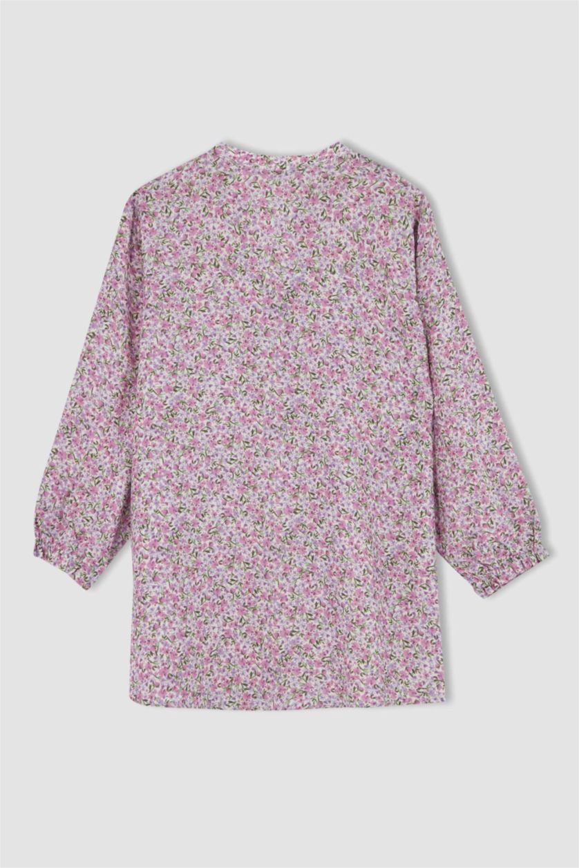 نساء أرجواني فاتح قميص كم طويل قصة عادية بياقة مستديرة