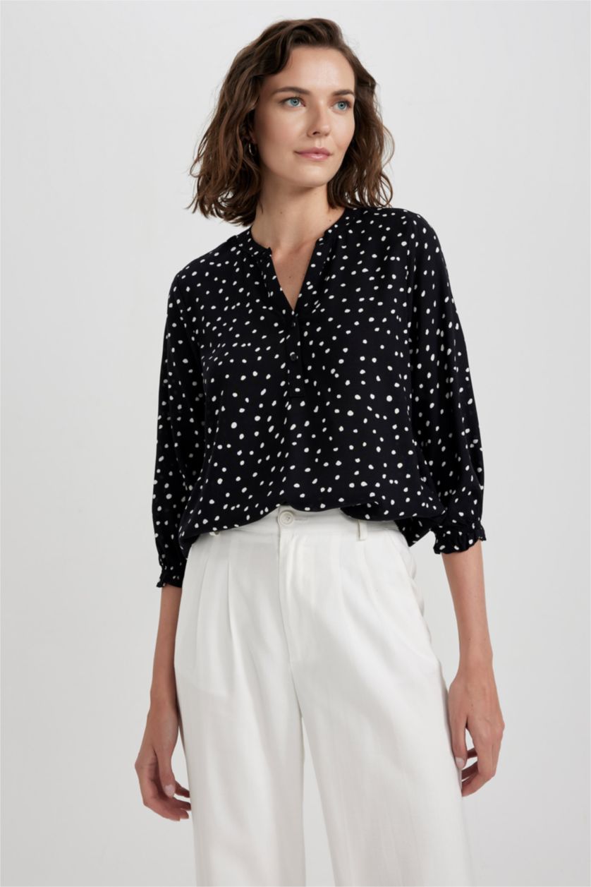 FEMME Noir Chemise à Manches Longues imprimée à coupe régulière et Col rond