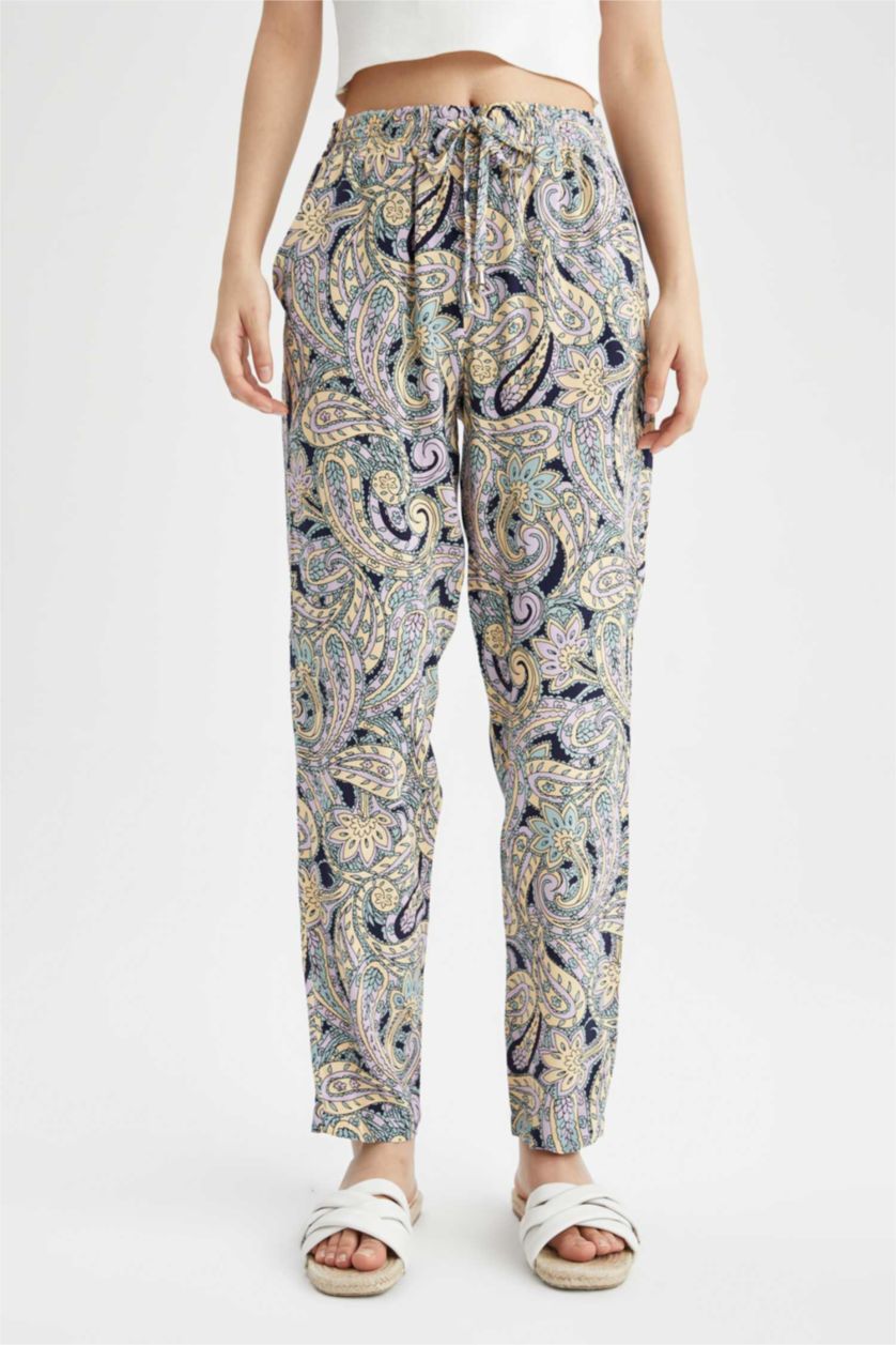 نساء فيروزي سروال فيسكوز منقوش بخصر عالي ومطاطي