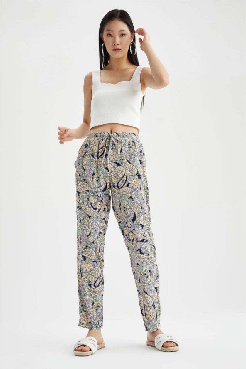 نساء فيروزي سروال فيسكوز منقوش بخصر عالي ومطاطي