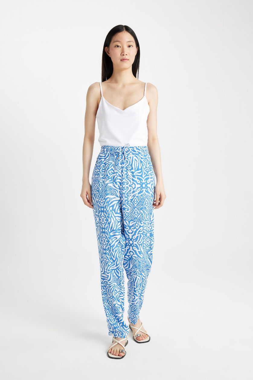 Woman Blue Traditional Ethnic Patterned High Waist Viscose Trouser