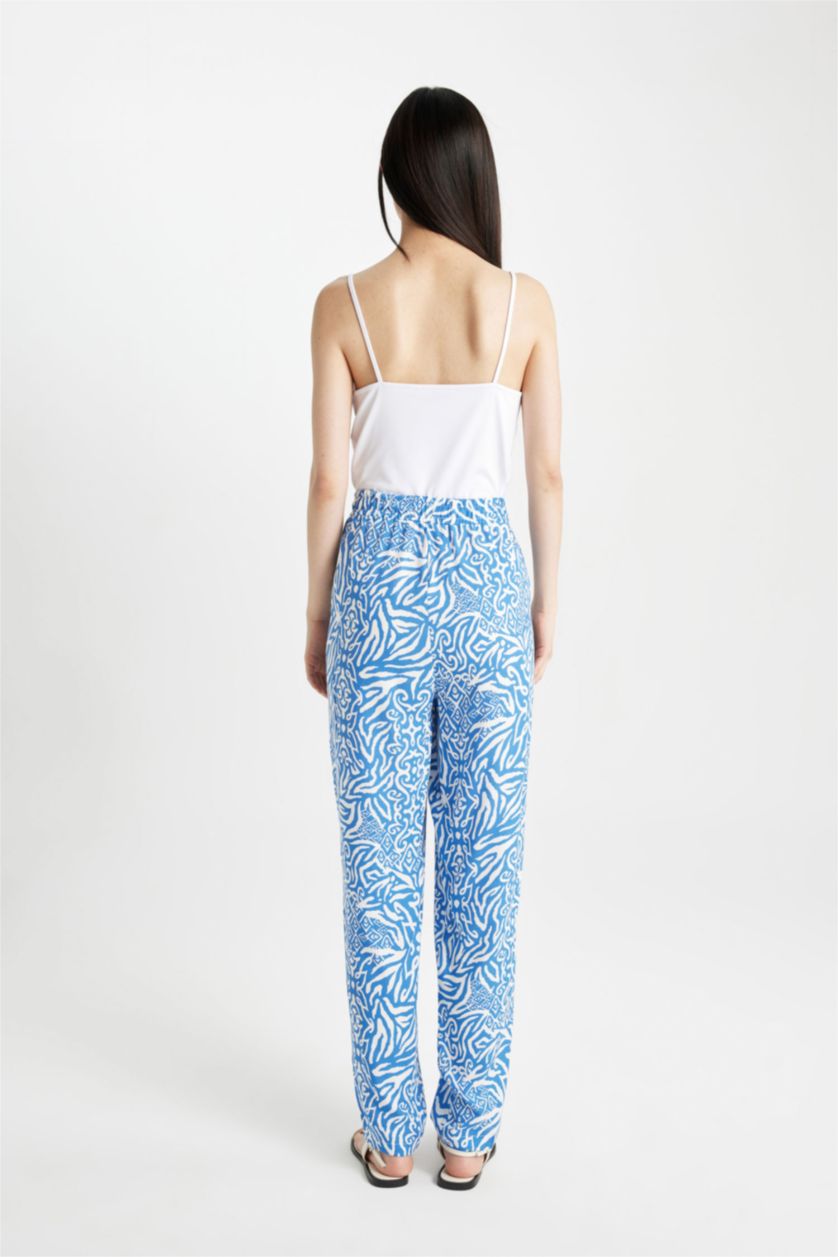 Woman Blue Traditional Ethnic Patterned High Waist Viscose Trouser