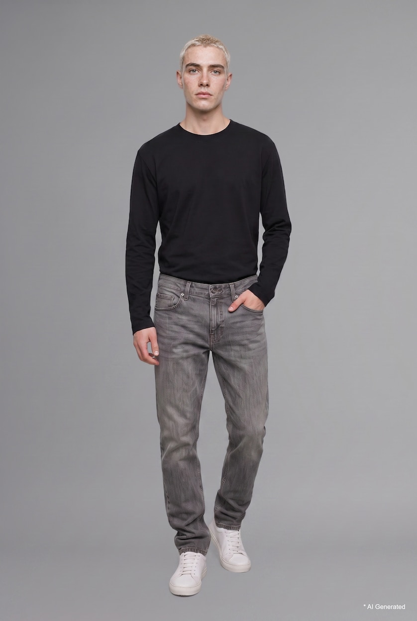 رجال أسود Boxy Fit Basic Cotton Crew Neck Long Sleeve T-Shirt