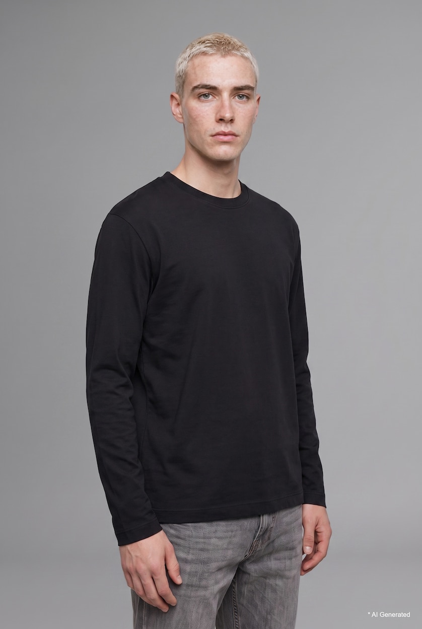رجال أسود Boxy Fit Basic Cotton Crew Neck Long Sleeve T-Shirt