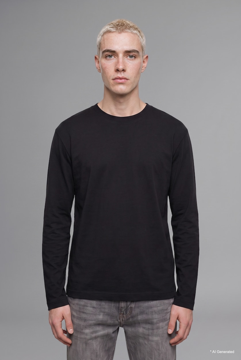 رجال أسود Boxy Fit Basic Cotton Crew Neck Long Sleeve T-Shirt