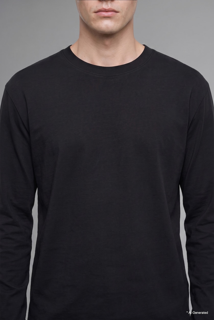 رجال أسود Boxy Fit Basic Cotton Crew Neck Long Sleeve T-Shirt