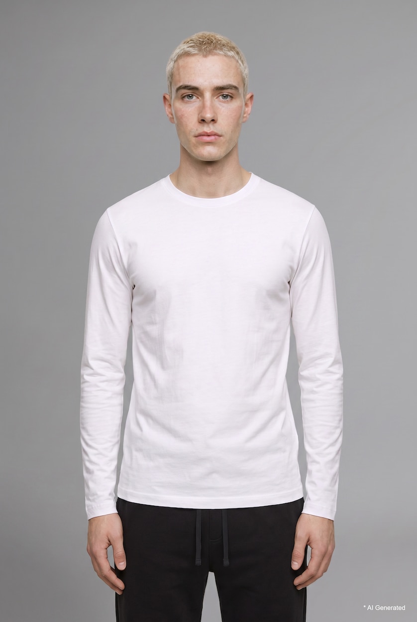 Man White Boxy Fit Crew Neck Cotton Long Sleeve Basic T-Shirt