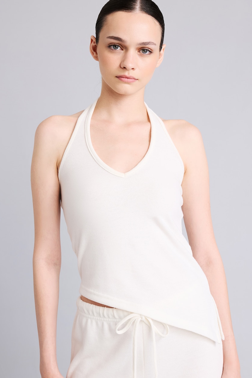 Kadın Ekru Fitted Asimetrik Halter Yaka Jakarlı