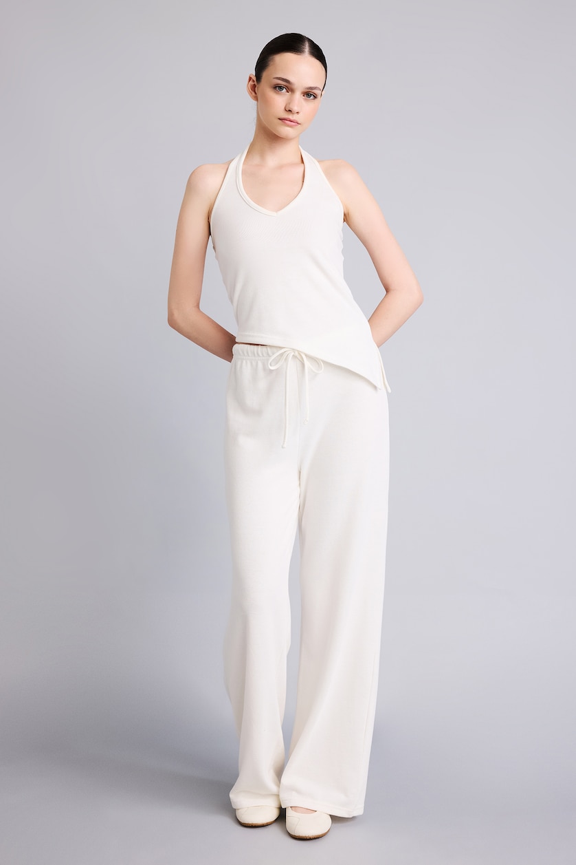 Kadın Ekru Fitted Asimetrik Halter Yaka Jakarlı