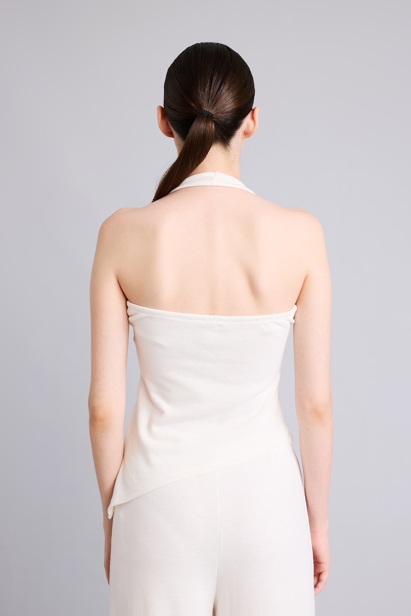 Kadın Ekru Fitted Asimetrik Halter Yaka Jakarlı