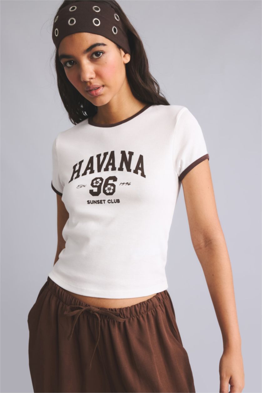 Women White Slim Fit Ribana Short Sleeve T-Shirt