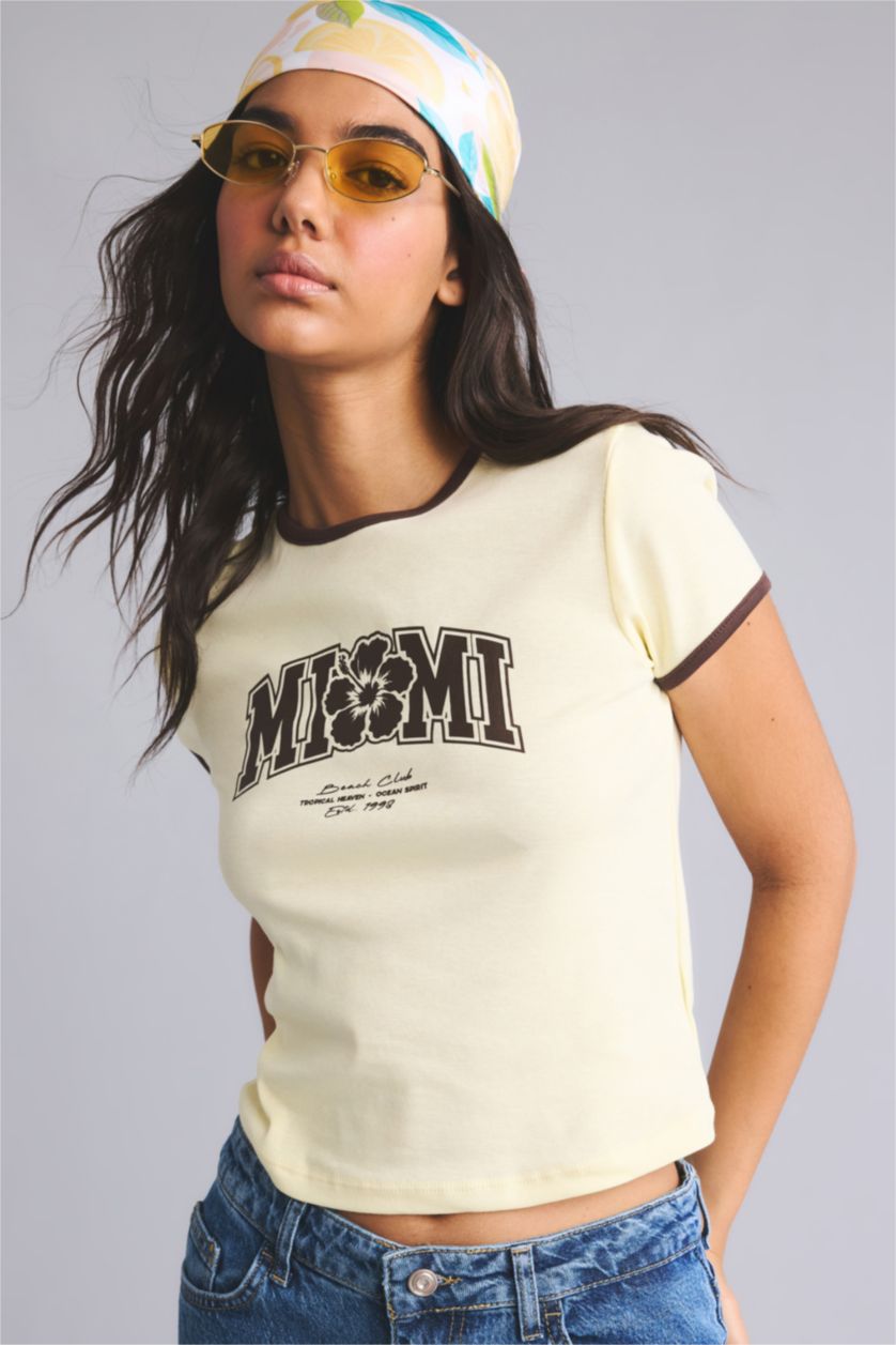 Women Light Yellow Slim Fit Ribana Short Sleeve T-Shirt