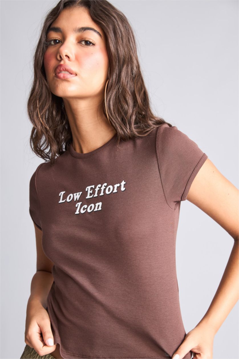 Women Brown Slim Fit Ribana Short Sleeve T-Shirt