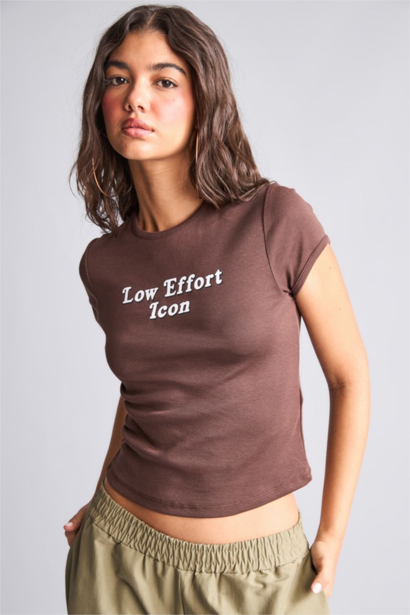 Women Brown Slim Fit Ribana Short Sleeve T-Shirt