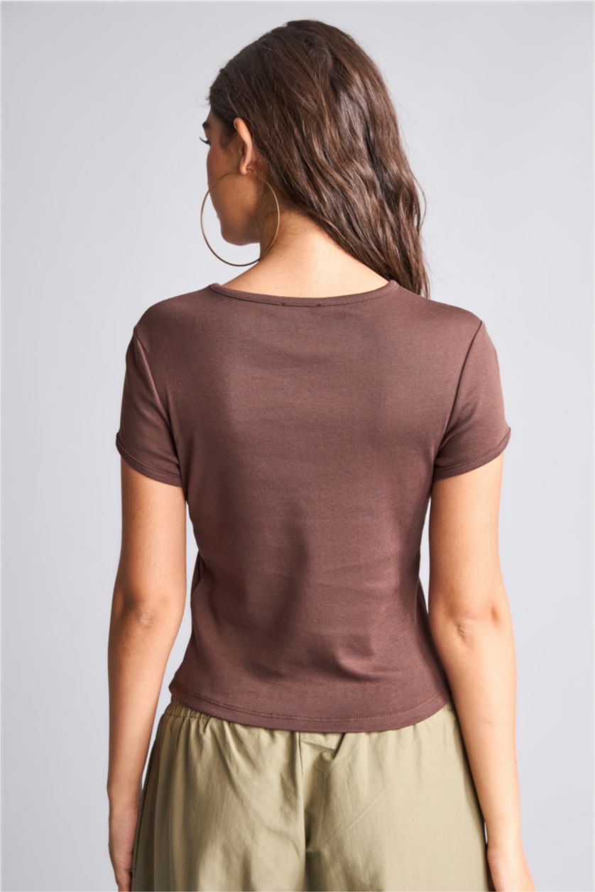 Women Brown Slim Fit Ribana Short Sleeve T-Shirt