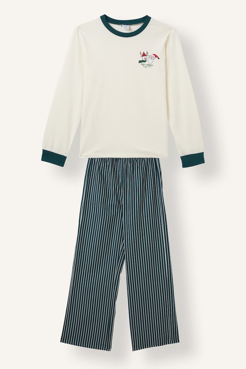 Erkek Çocuk - Genç Erkek Ekru 2'li Pijama Takımı Baskılı Çizgili Erkek Çocuk
